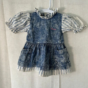 Vintage OshKosh Acid Washed Denim Ruffle Striped Dress USA 12 Months
